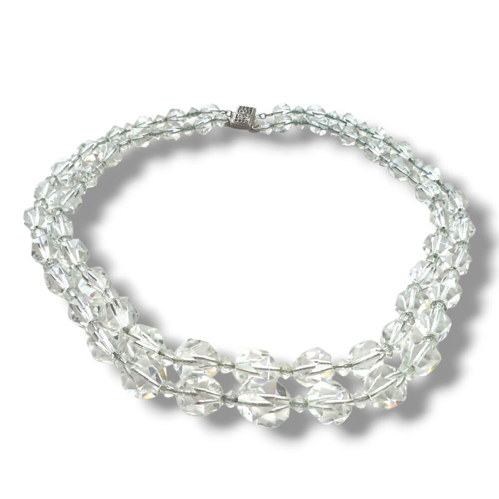 VTG Art Deco Cut Crystal Graduated Beads Necklace Sterling Silver Filigree Clasp